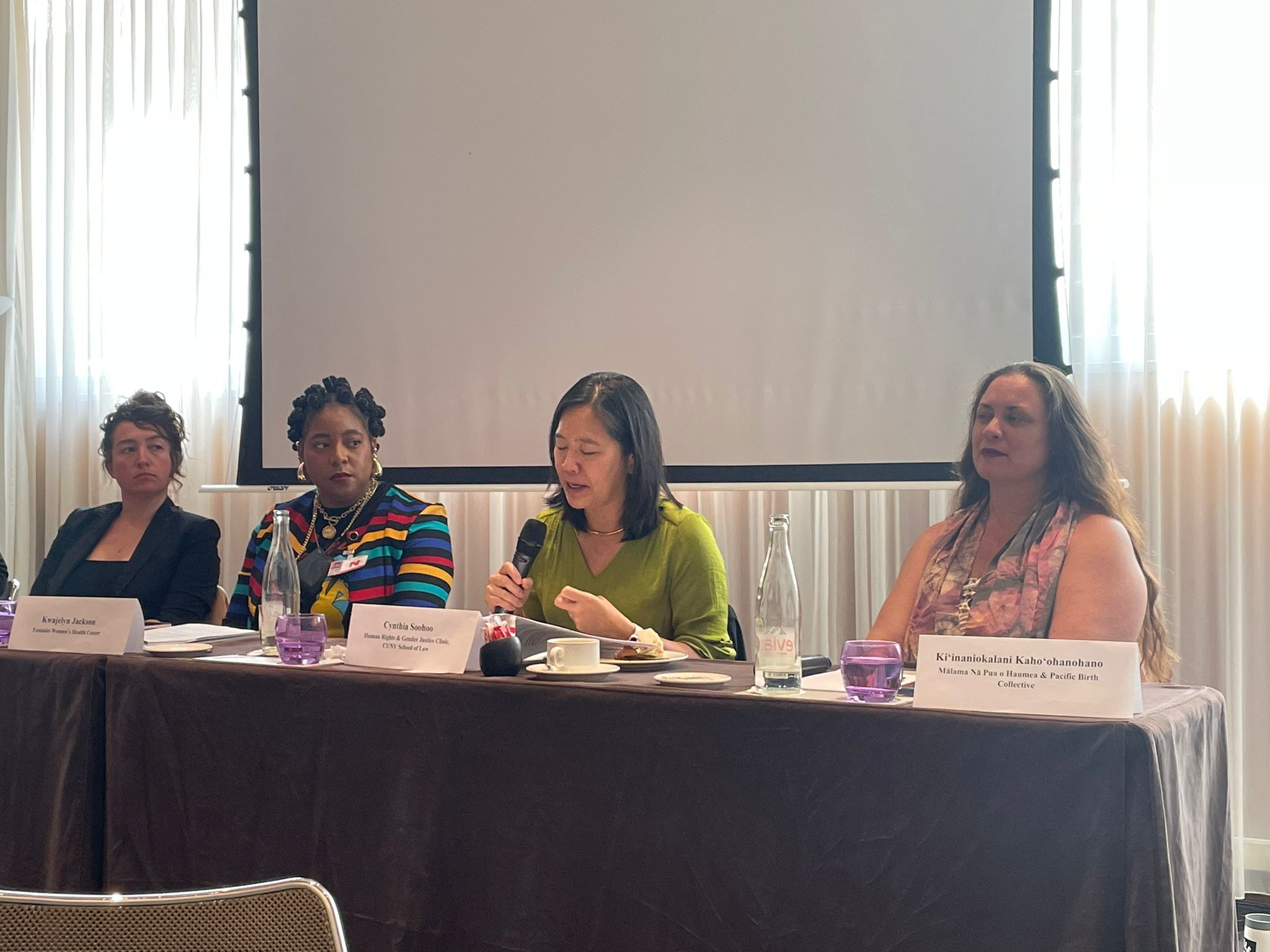 Kiʻi on a Pacific Birth Collective panel at an international human rights forum.
